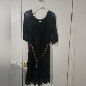Black Lace Dress with Tan Belt. See Through Sleeves. Lined. Elastic Neck & Waist